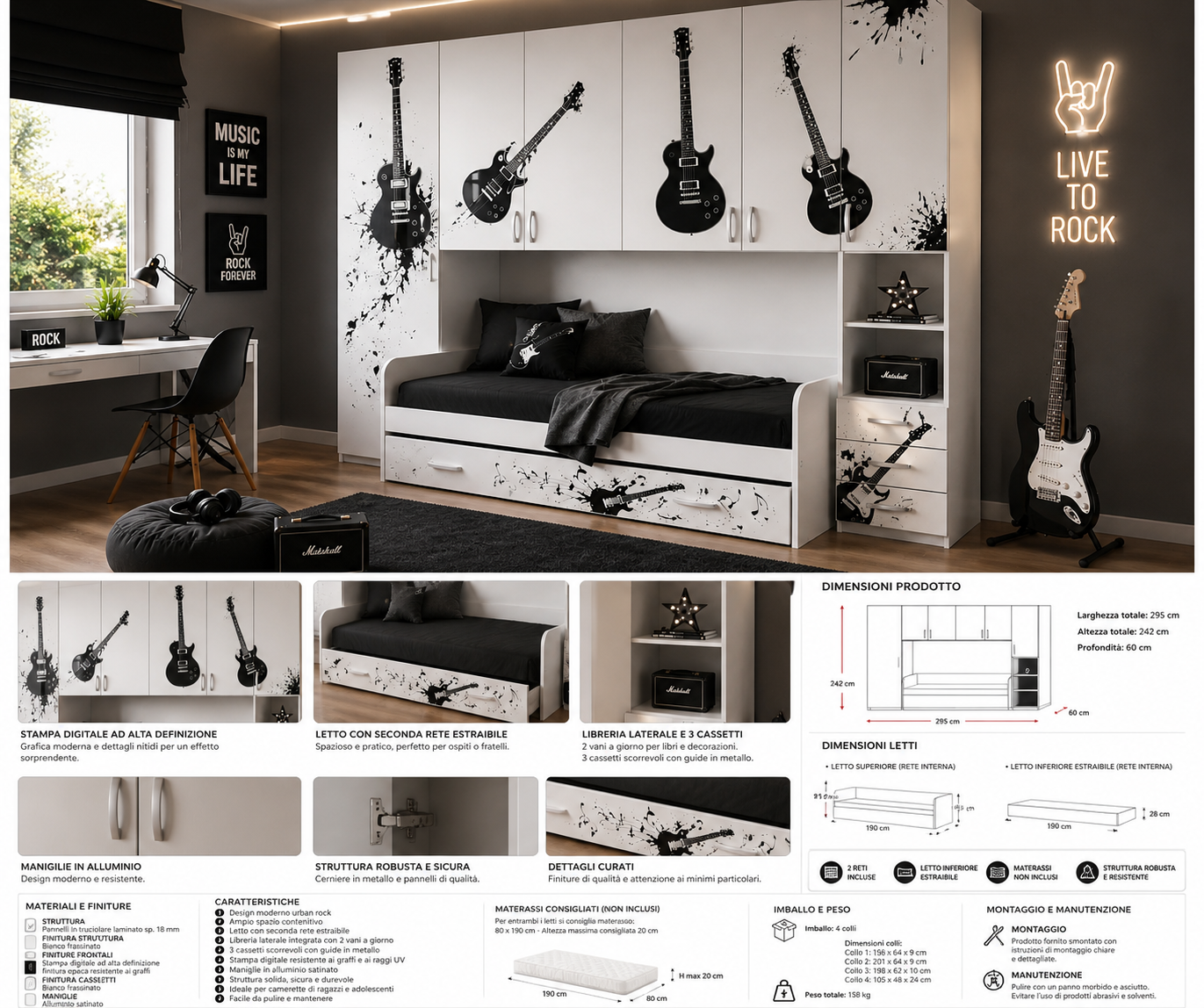 Rock Legend NYC Room – Cameretta a Ponte Rock Style con Letto Estraibile e Grafica Chitarre Urban