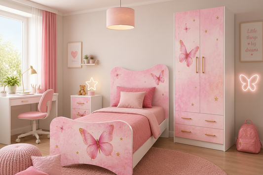 Cameretta a Ponte Dream Butterfly Bianca e Rosa con 2 Letti e Grafica Farfalle Luxury – 295x242 cm