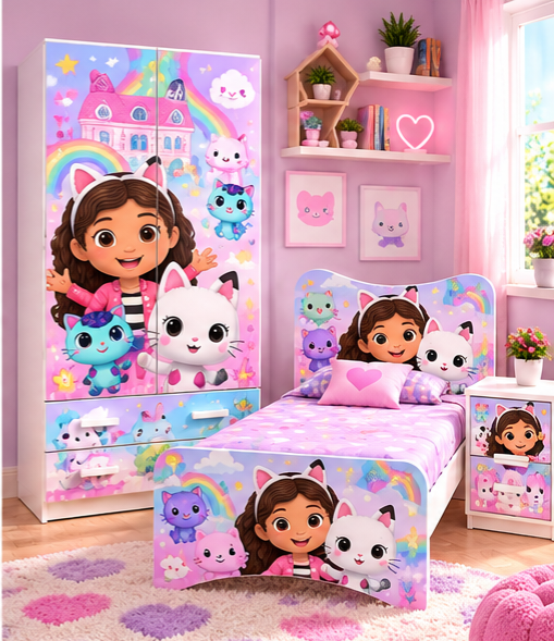 Cameretta Gabby's Dollhouse – Letto, Armadio e Comodino