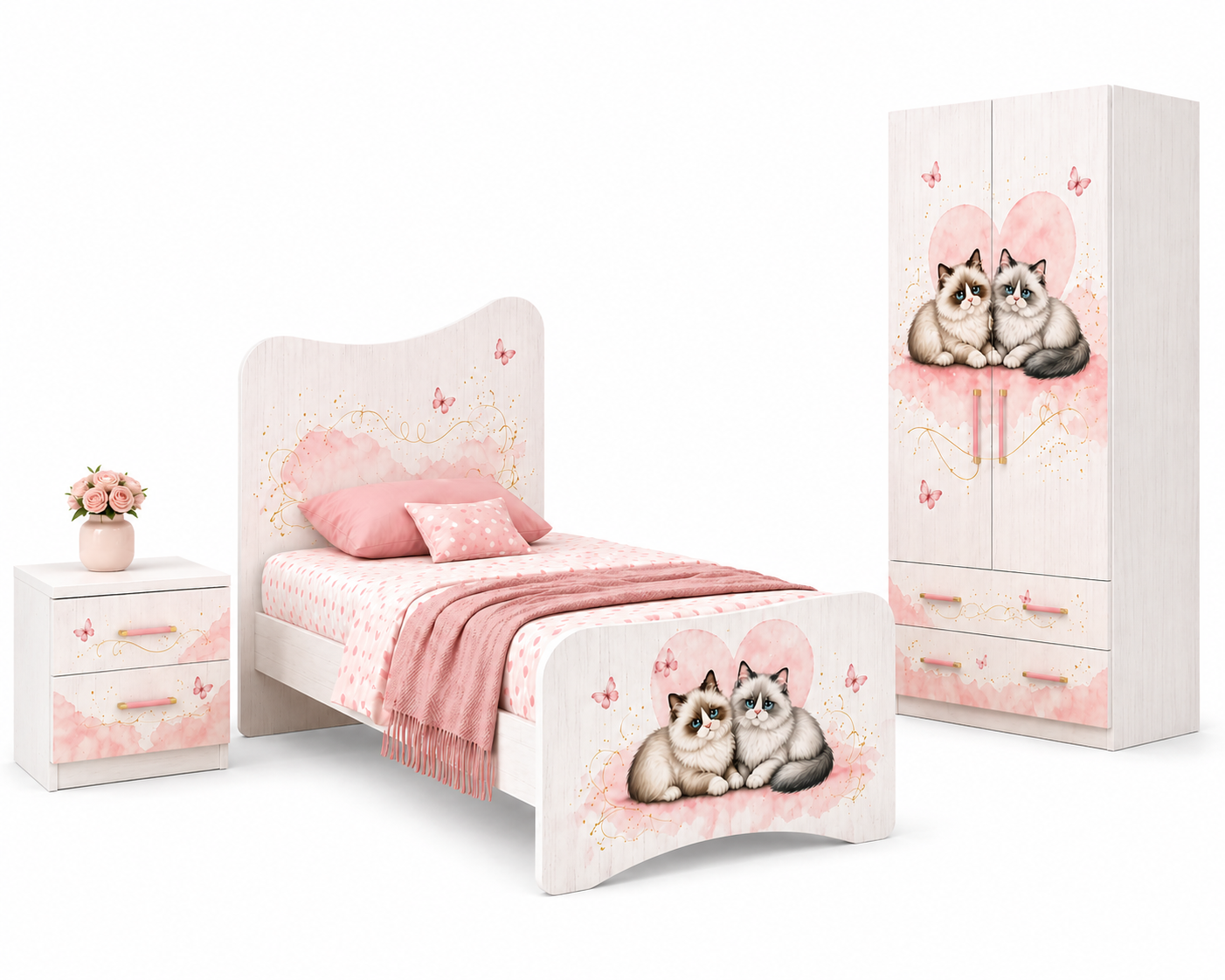 Cameretta bambina elegante rosa e bianca con dettagli oro, grafica gatti kawaii e mobili moderni