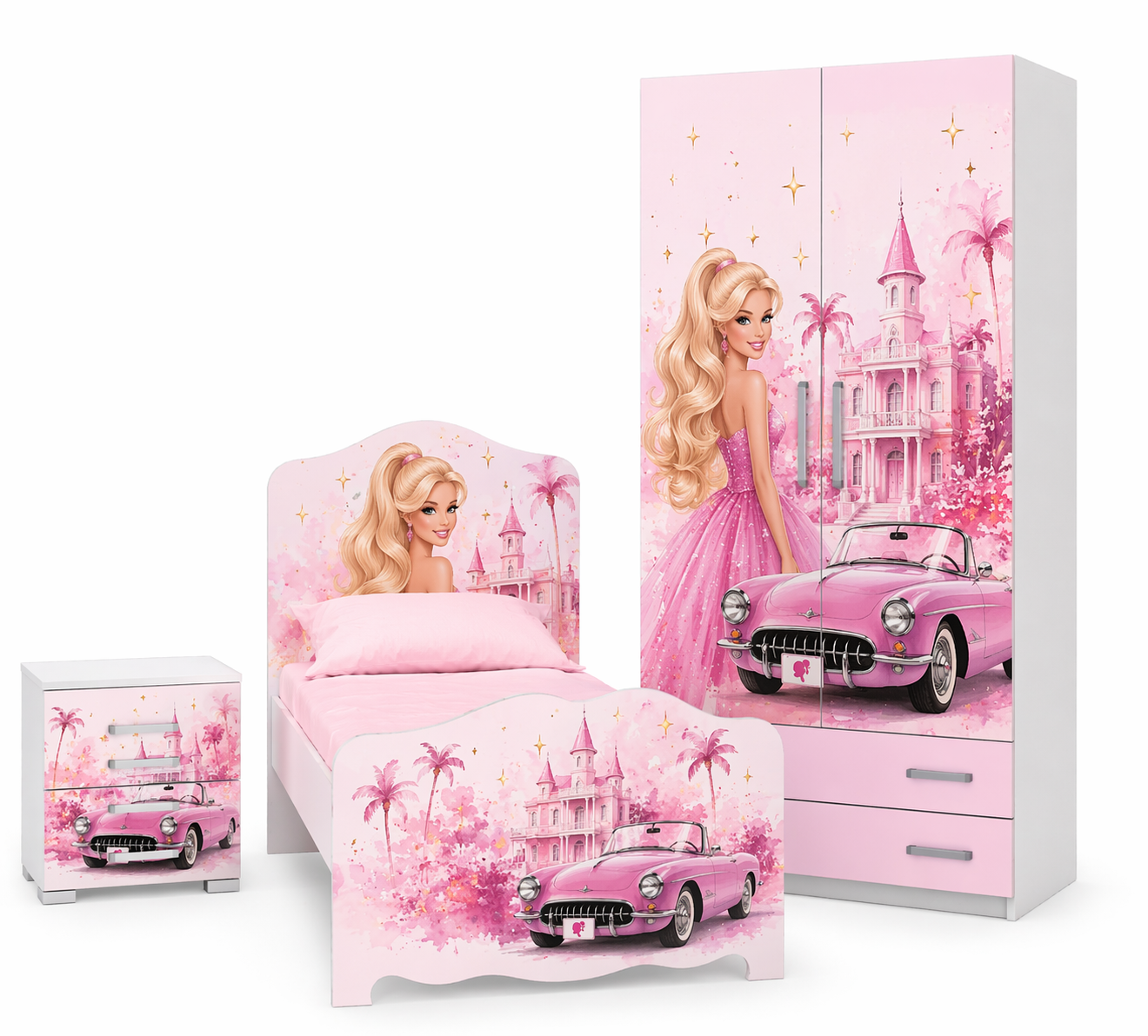 Cameretta bambina tema Barbie Dream Castle con mobili rosa luxury, armadio con grafica principessa e letto design elegante