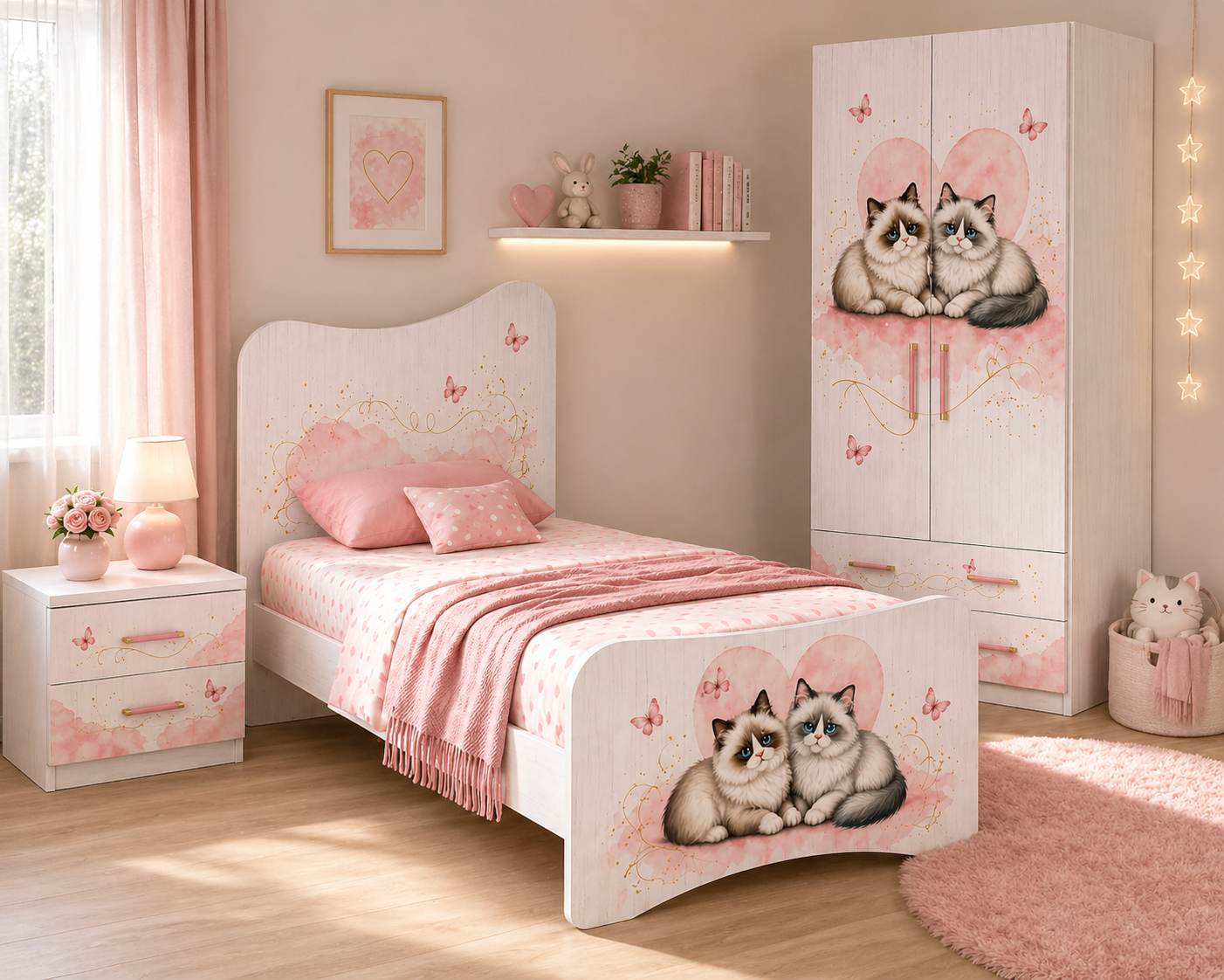 Cameretta bambina rosa con grafica gattini dolci, armadio coordinato e letto singolo design moderno Made in Italy