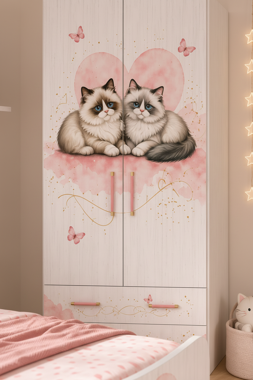 Cameretta Gattini Rosa Dream – Set Letto Singolo + Comodino + Armadio