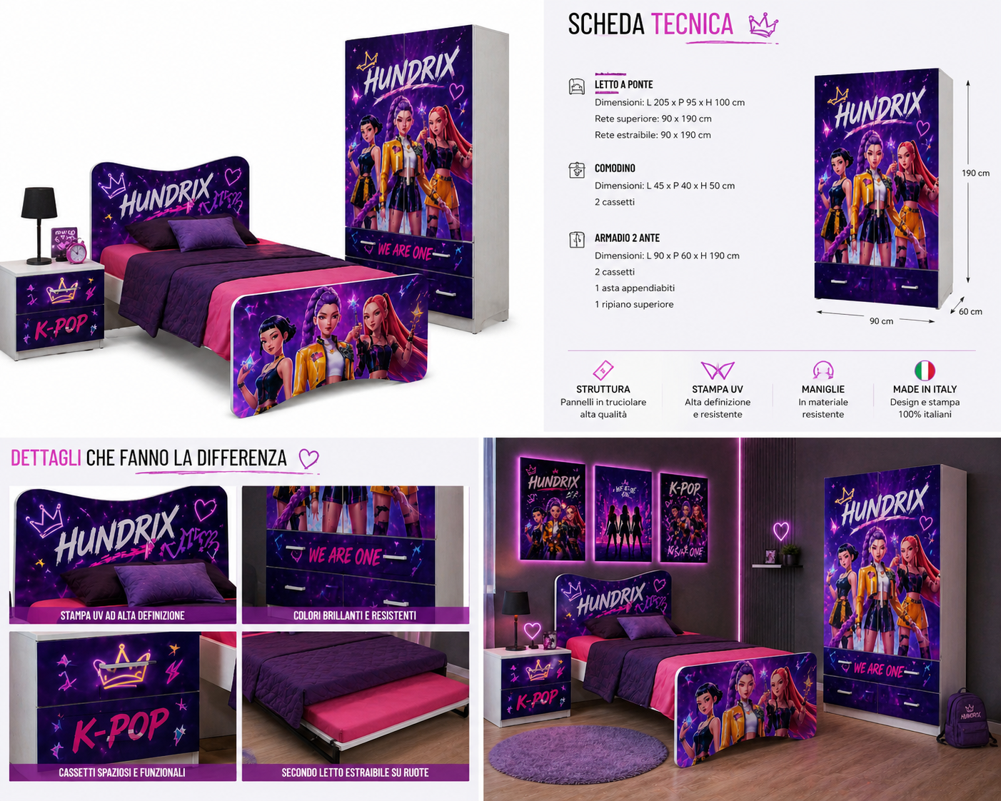 Camera Ragazza Hundrix K-Pop Galaxy – Set Letto, Comodino e Armadio 2 Ante Design Neon Premium