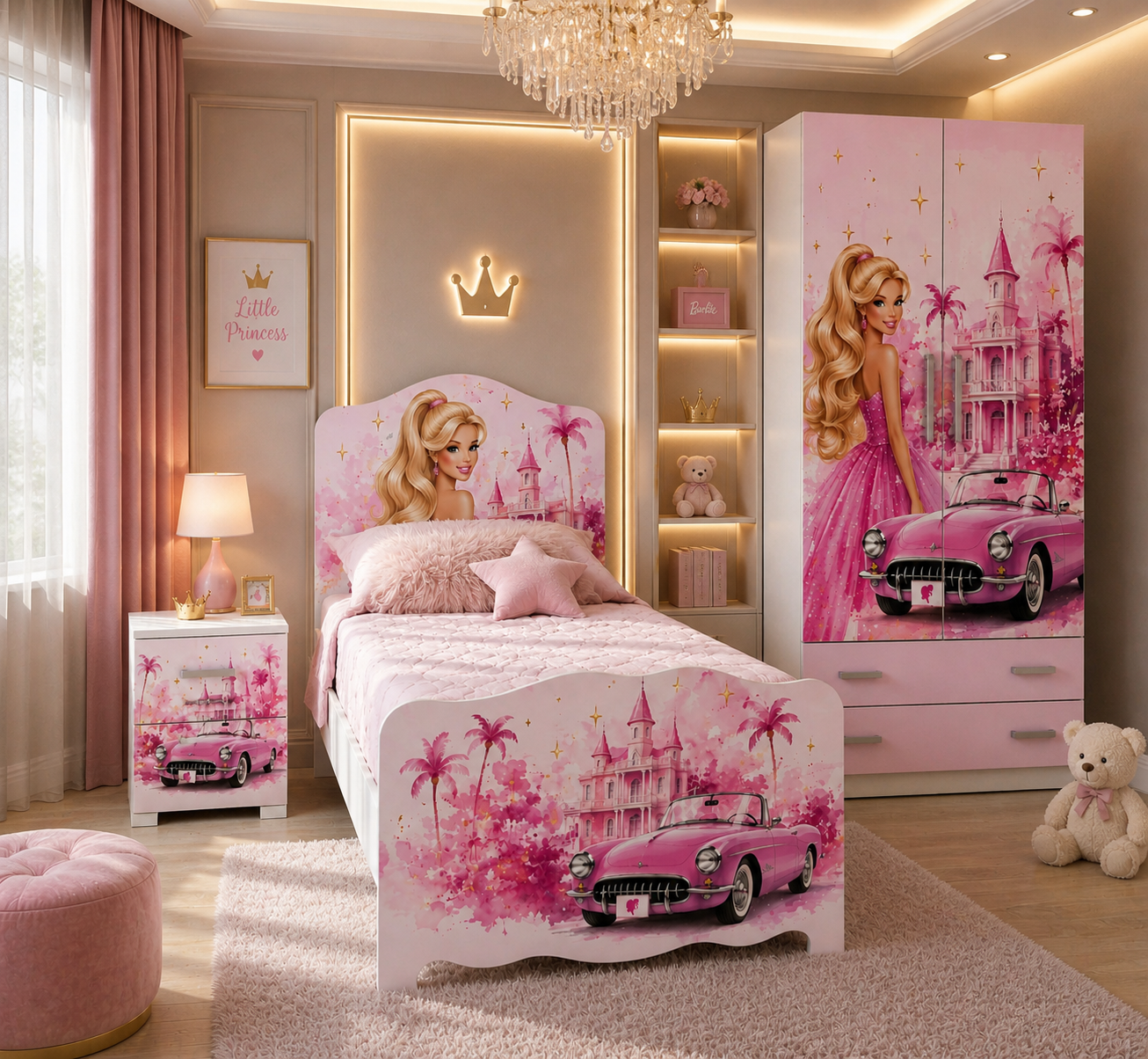 Cameretta rosa glamour per bambina con armadio Barbie luxury pink, letto singolo design principessa e arredamento moderno elegante