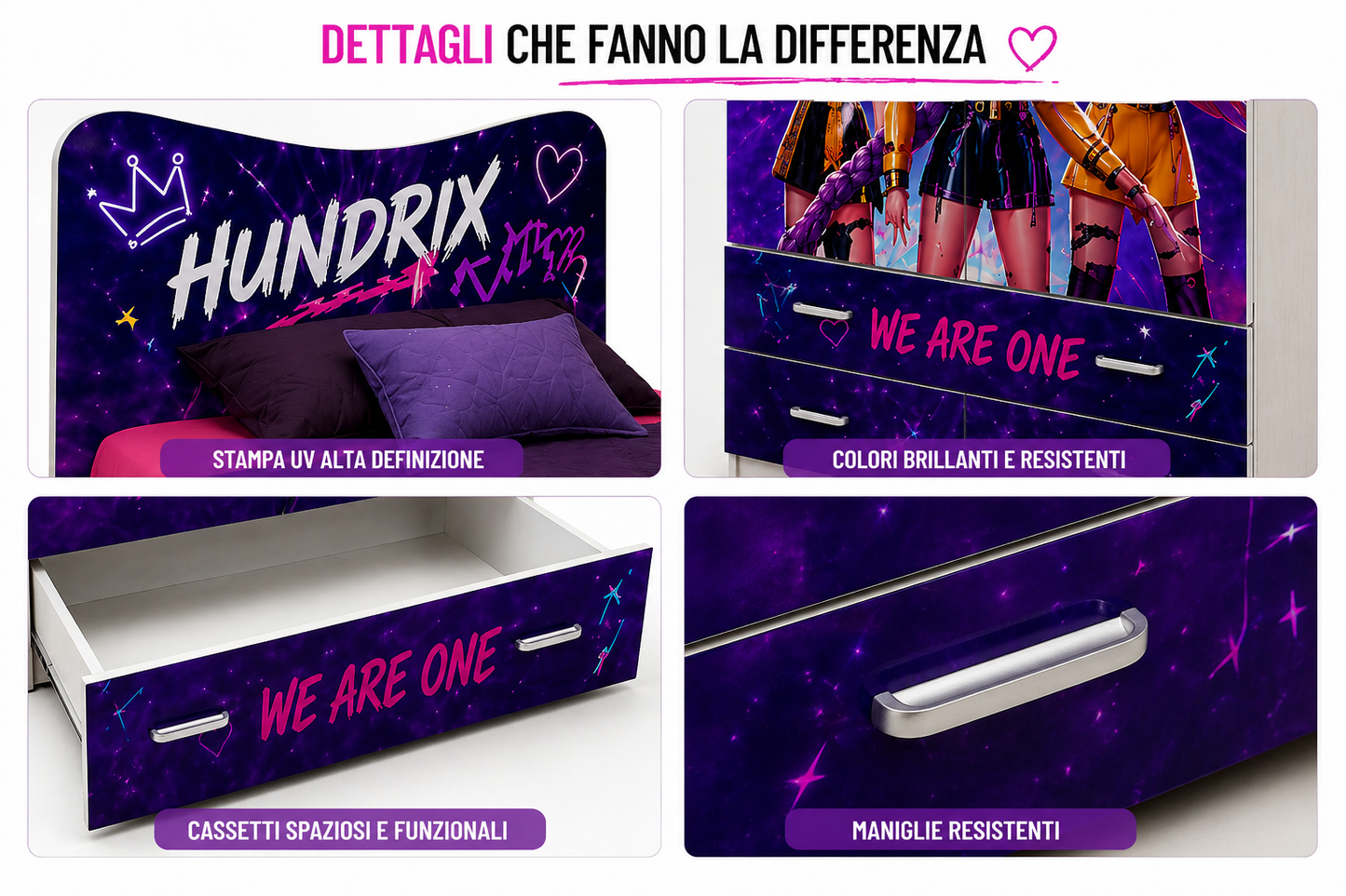 Camera ragazza stile K-pop coreano con armadio 2 ante e grafica galaxy viola premium
