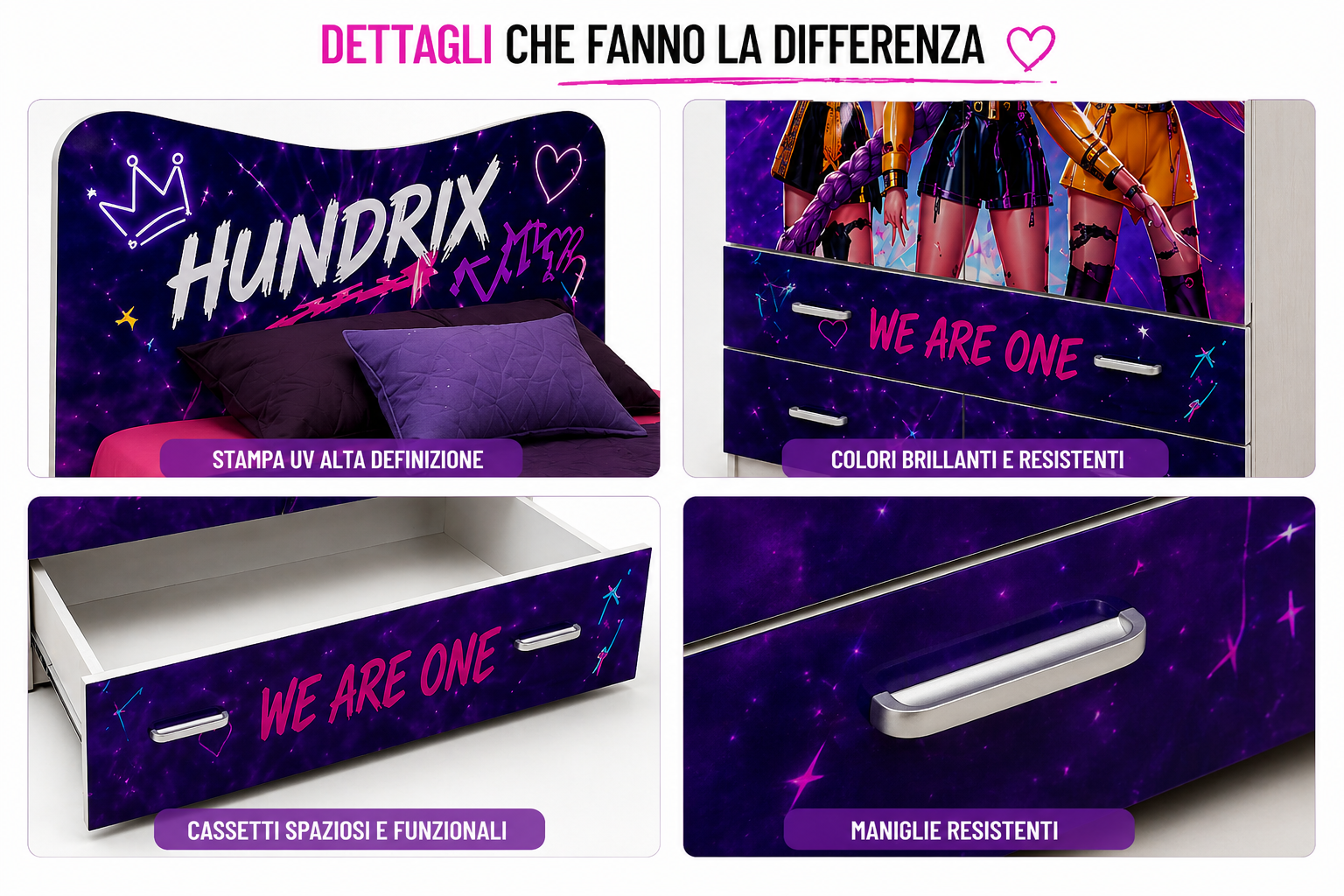 Camera ragazza stile K-pop coreano con armadio 2 ante e grafica galaxy viola premium