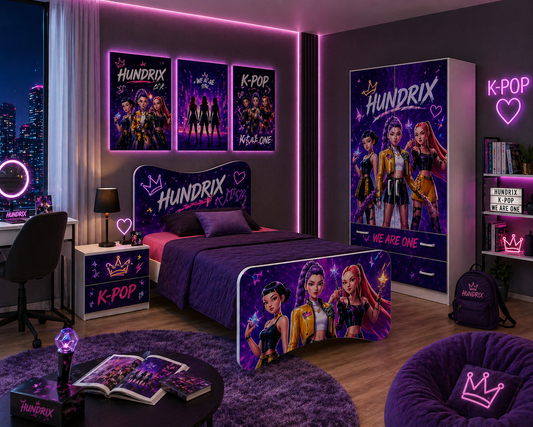 Set cameretta Hundrix K-Pop Galaxy con letto singolo, comodino e armadio viola neon design teen girl