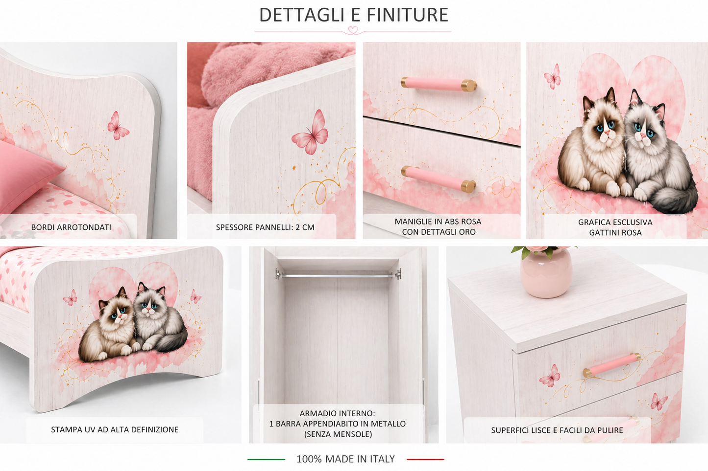 Set cameretta bambina completo con letto rosa, comodino e armadio decorati con gattini stile acquerello