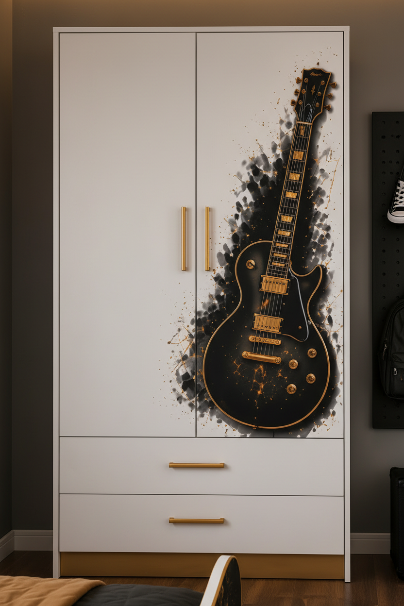 Rockstar Guitar Luxury Room – Cameretta Rock Nero Oro con Letto, Armadio e Comodino per Teenager