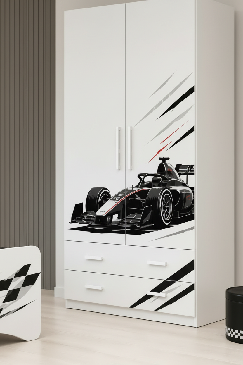 Cameretta Formula Racing 01 – Set Camera Bambino con Armadio, Letto e Comodino Design Formula 1 Moderno