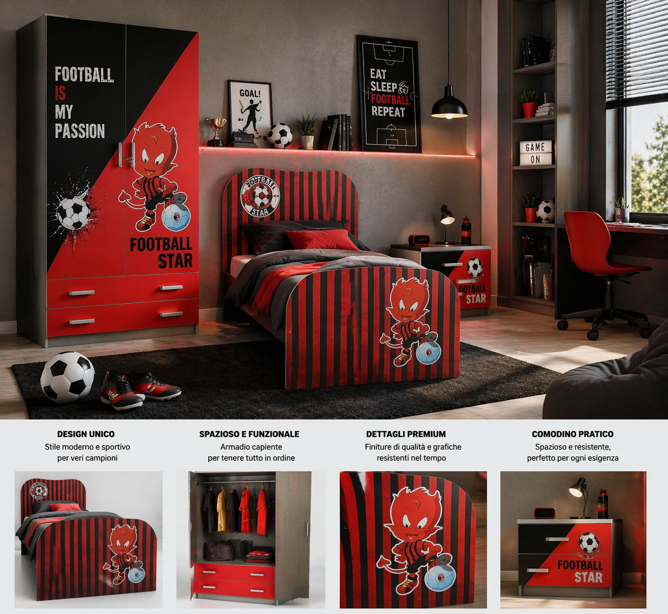 Football Star Milan Red Room – Cameretta Calcio Rosso Nero con Armadio, Letto e Comodino