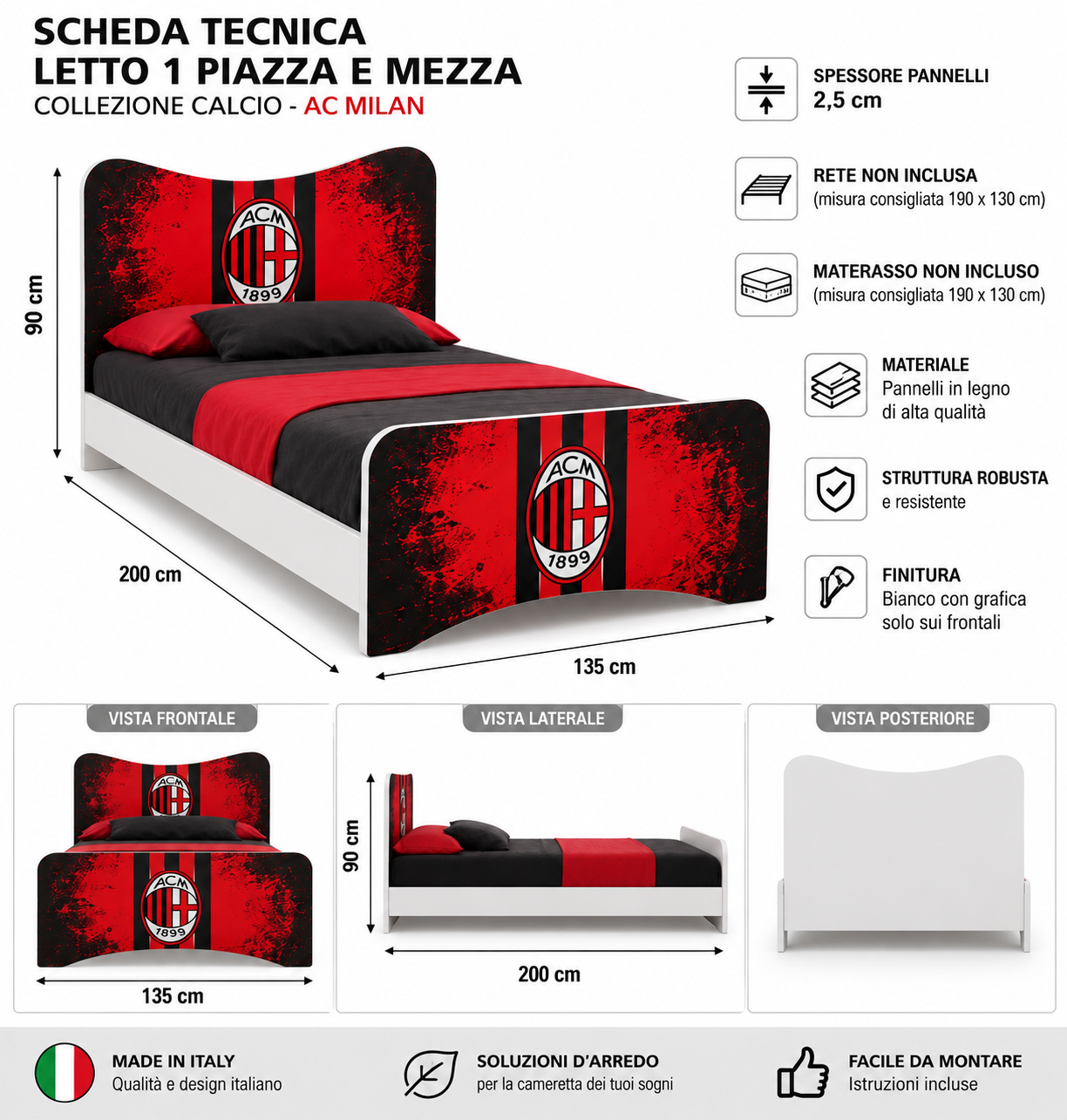 Letto 1 Piazza e Mezza AC Milan – Collezione Calcio ⚽🔴⚫