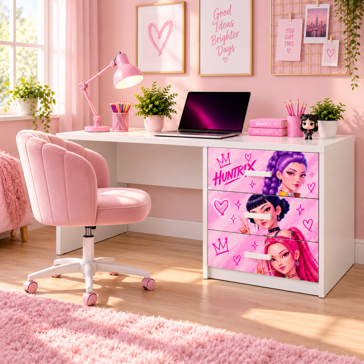 Scrivania Huntrix Rosa K-Pop con 3 Cassetti – Design Moderno per Cameretta