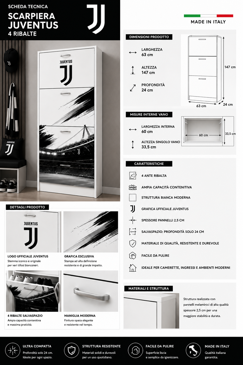 Scarpiera Juventus 4 Ribalte – Design Calcio Moderno Salvaspazio