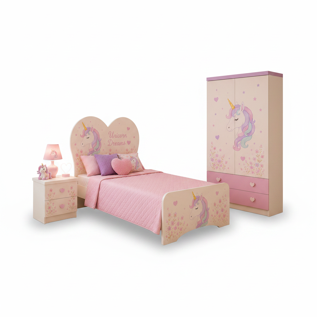 Cameretta Unicorn Heart – Letto Cuore con Armadio e Comodino Fantasy Rosa Lilla