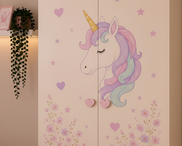 Cameretta Unicorn Heart – Letto Cuore con Armadio e Comodino Fantasy Rosa Lilla