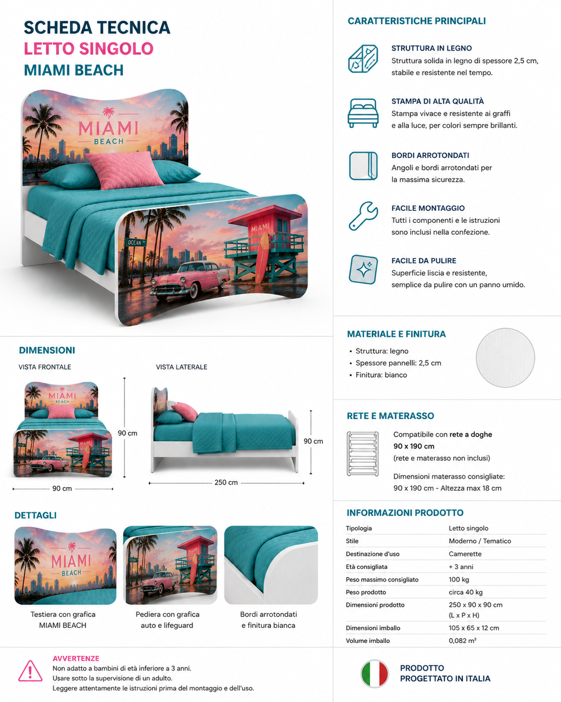 Letto Singolo Miami Beach – Letto Design Tropical Glam Rosa e Turchese Stile Ocean Drive