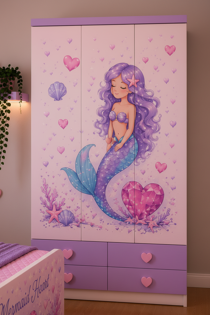 Cameretta Mermaid Heart Dream – Set Camera Completa Sirenetta Rosa Lilla con Letto Cuore