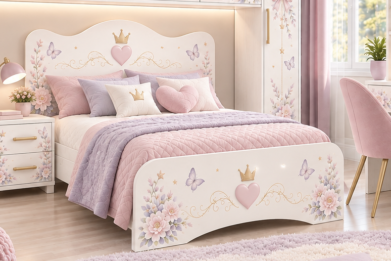 Cameretta a Ponte Unicorn Dream Luxury – Letto 1 Piazza e Mezza, Comodino e Scrivania con Libreria