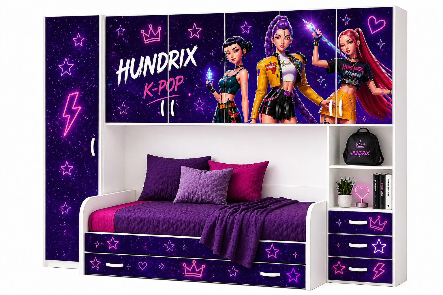 
Cameretta teen moderna Hundrix K-pop con letto estraibile e armadi a ponte design premium
