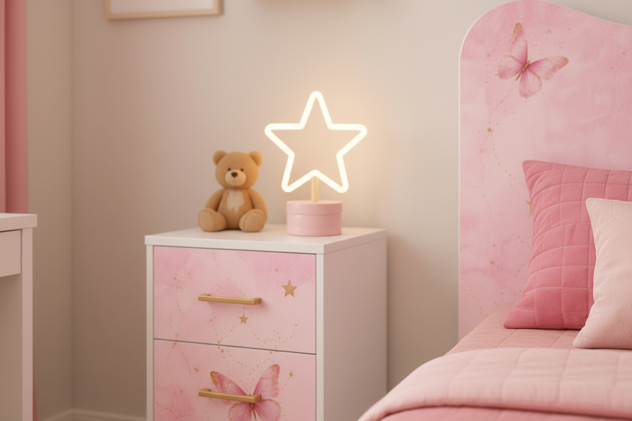 Cameretta a Ponte Dream Butterfly Bianca e Rosa con 2 Letti e Grafica Farfalle Luxury – 295x242 cm