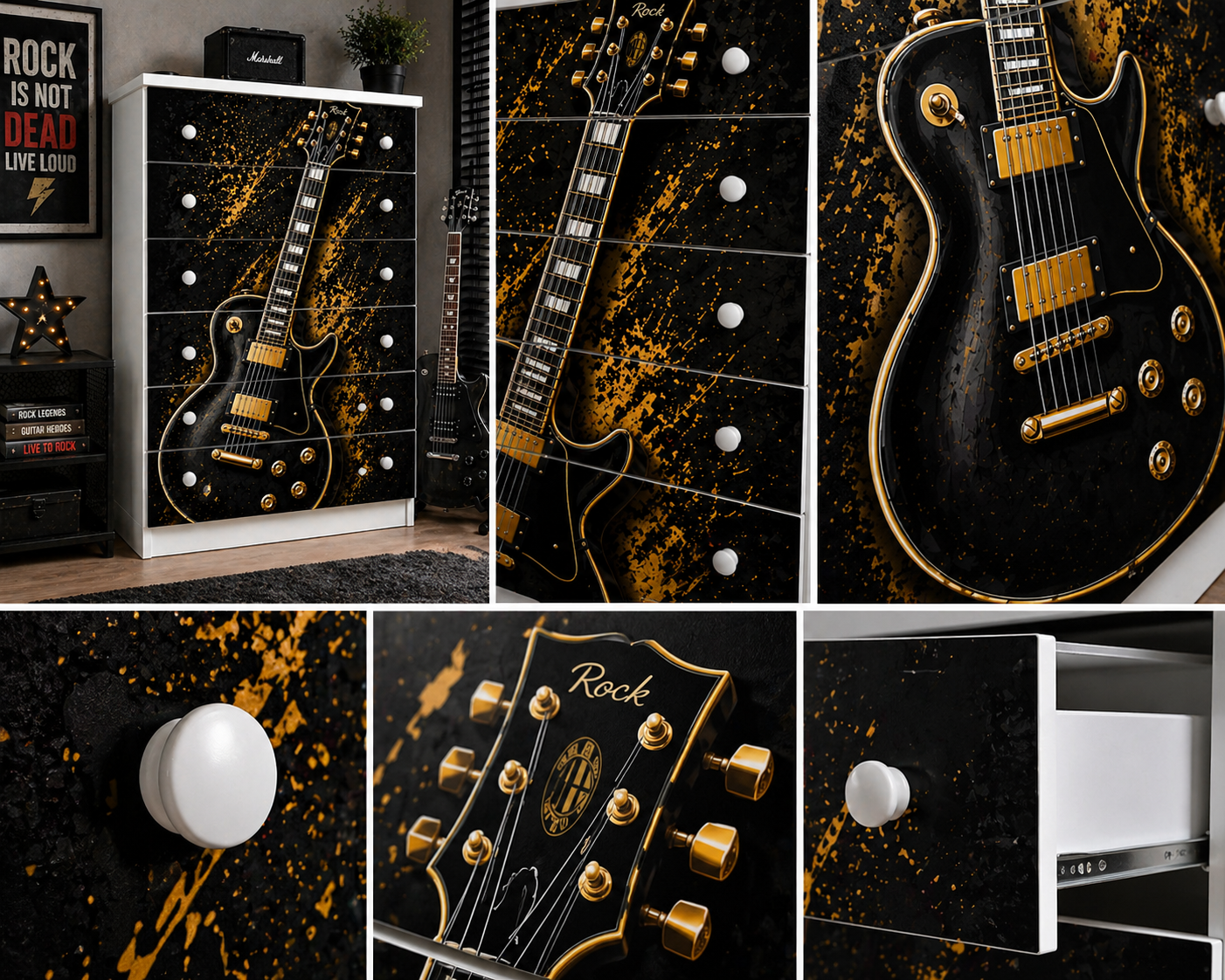 Rock Legend Room – Cassettiera 5 Cassetti Tema Chitarra Black & Gold per Cameretta Ragazzi
