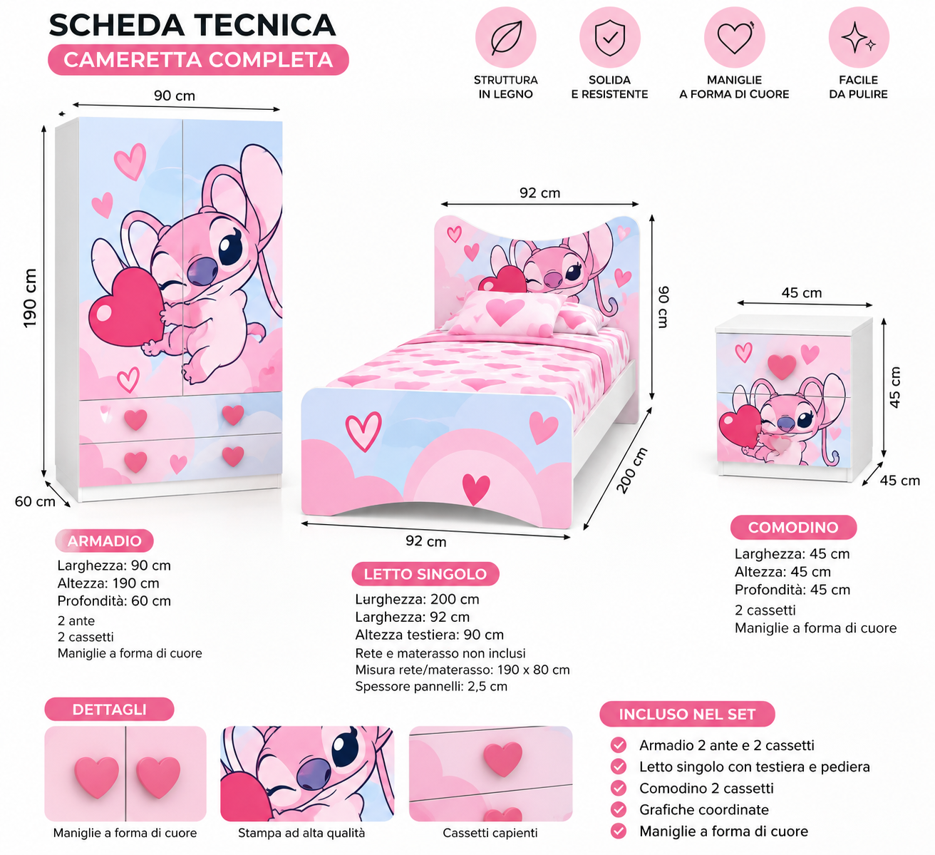 Cameretta completa Angel Heart – Armadio, letto singolo e comodino