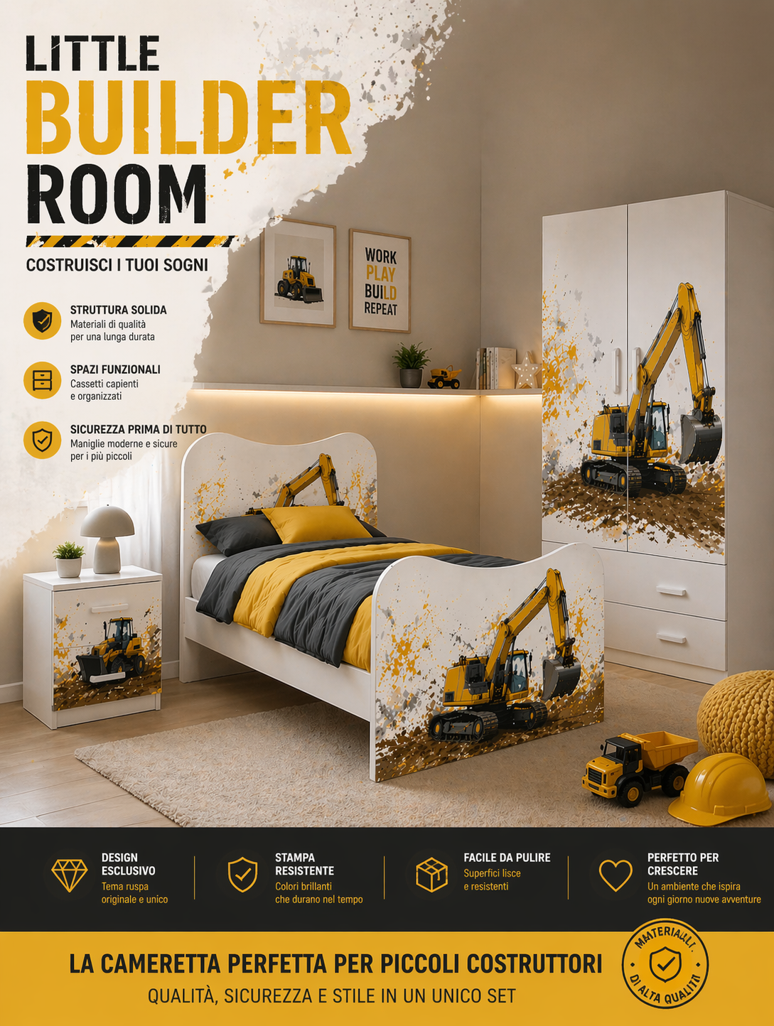 Cameretta "Ruspa" – Cameretta Completa con Letto, Armadio e Comodino