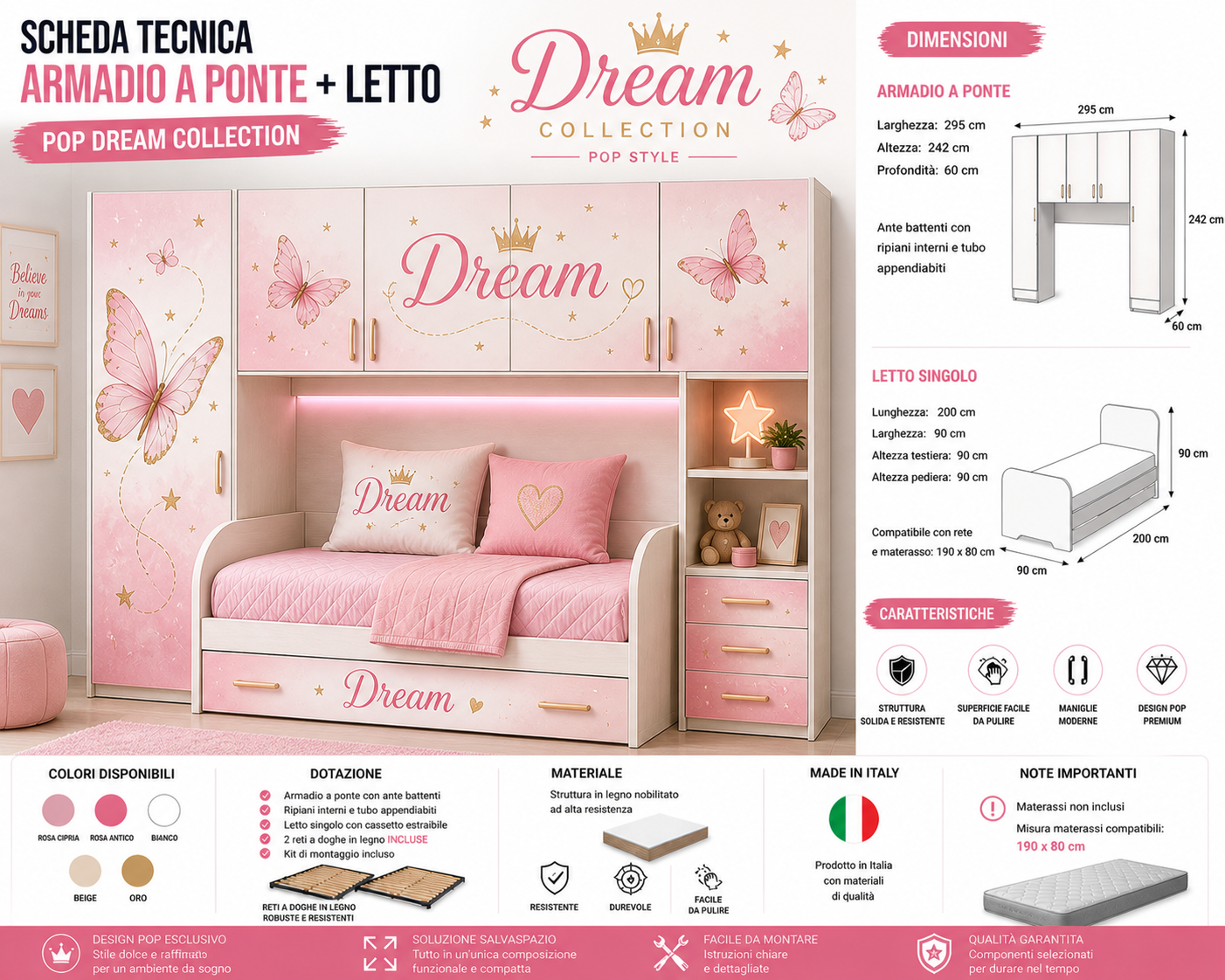 Cameretta a Ponte Dream Butterfly – Letto Singolo con Armadio 295x242 cm
