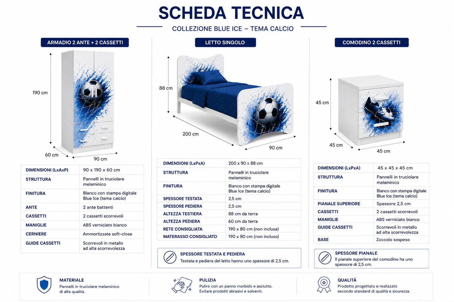 Cameretta Calcio Moderna – Letto, Comodino e Armadio Coordinati