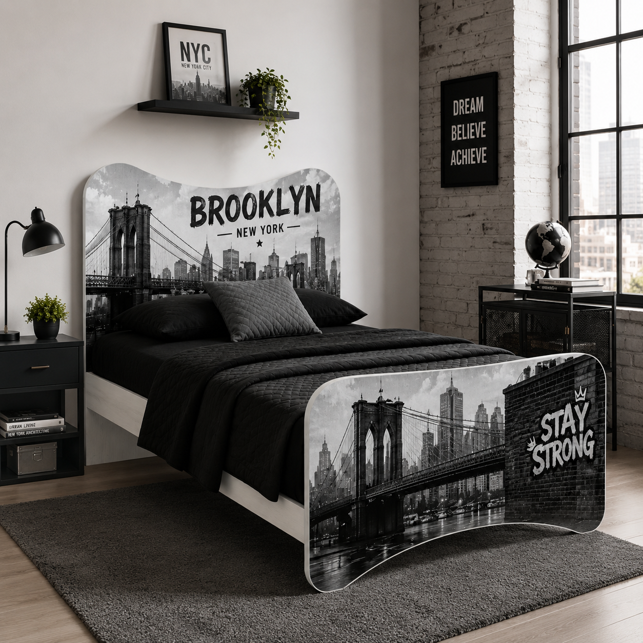Letto Singolo Brooklyn New York – Letto Urban Style Nero Grigio Design Metropolitan