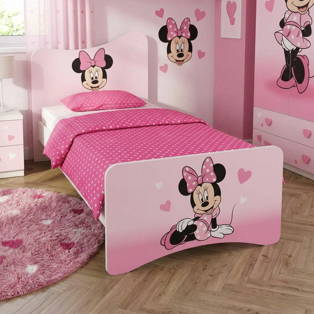 Cameretta Minnie Mouse Rosa Cuori – Letto Singolo, Armadio 2 Ante e Comodino