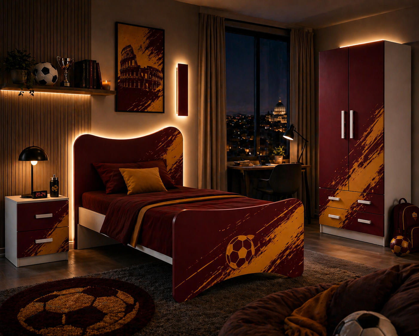 Roma Legacy Football Room – Cameretta Calcio Luxury Bordeaux Oro con Letto, Comodino e Armadio