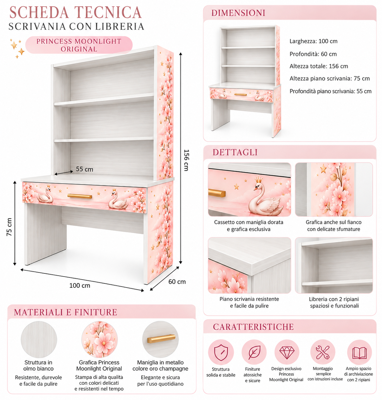 Scrivania con Libreria Princess Moonlight Original –
