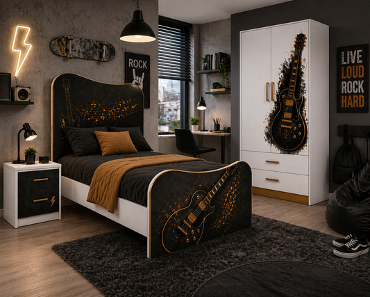 Rockstar Guitar Luxury Room – Cameretta Rock Nero Oro con Letto, Armadio e Comodino per Teenager