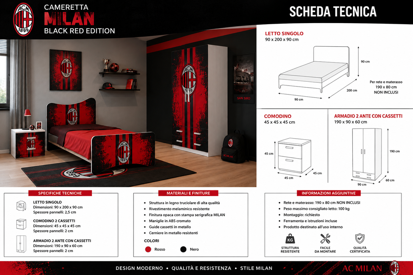 Cameretta Milan Black Red Edition – Letto Singolo, Armadio e Comodino