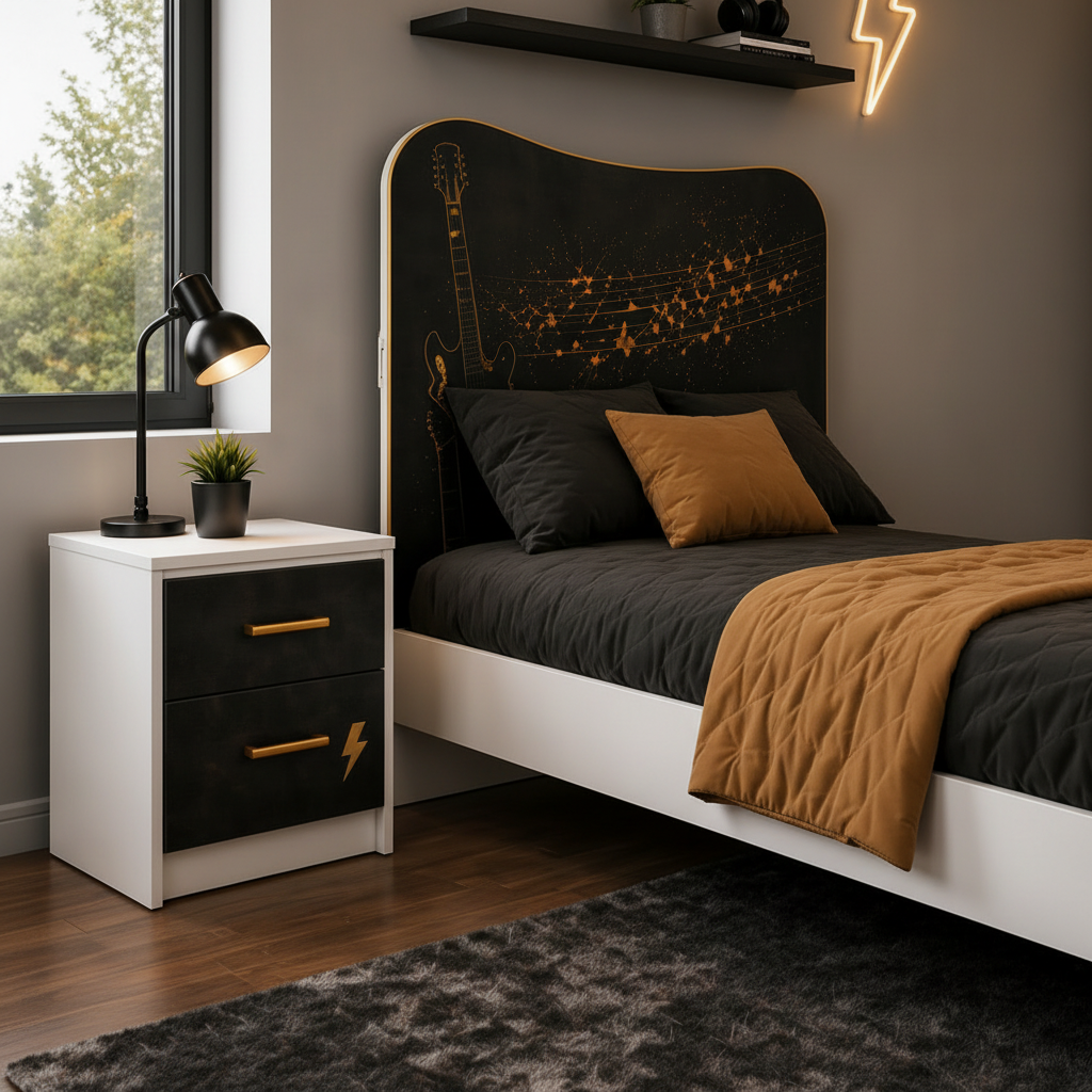 Rockstar Guitar Luxury Room – Cameretta Rock Nero Oro con Letto, Armadio e Comodino per Teenager