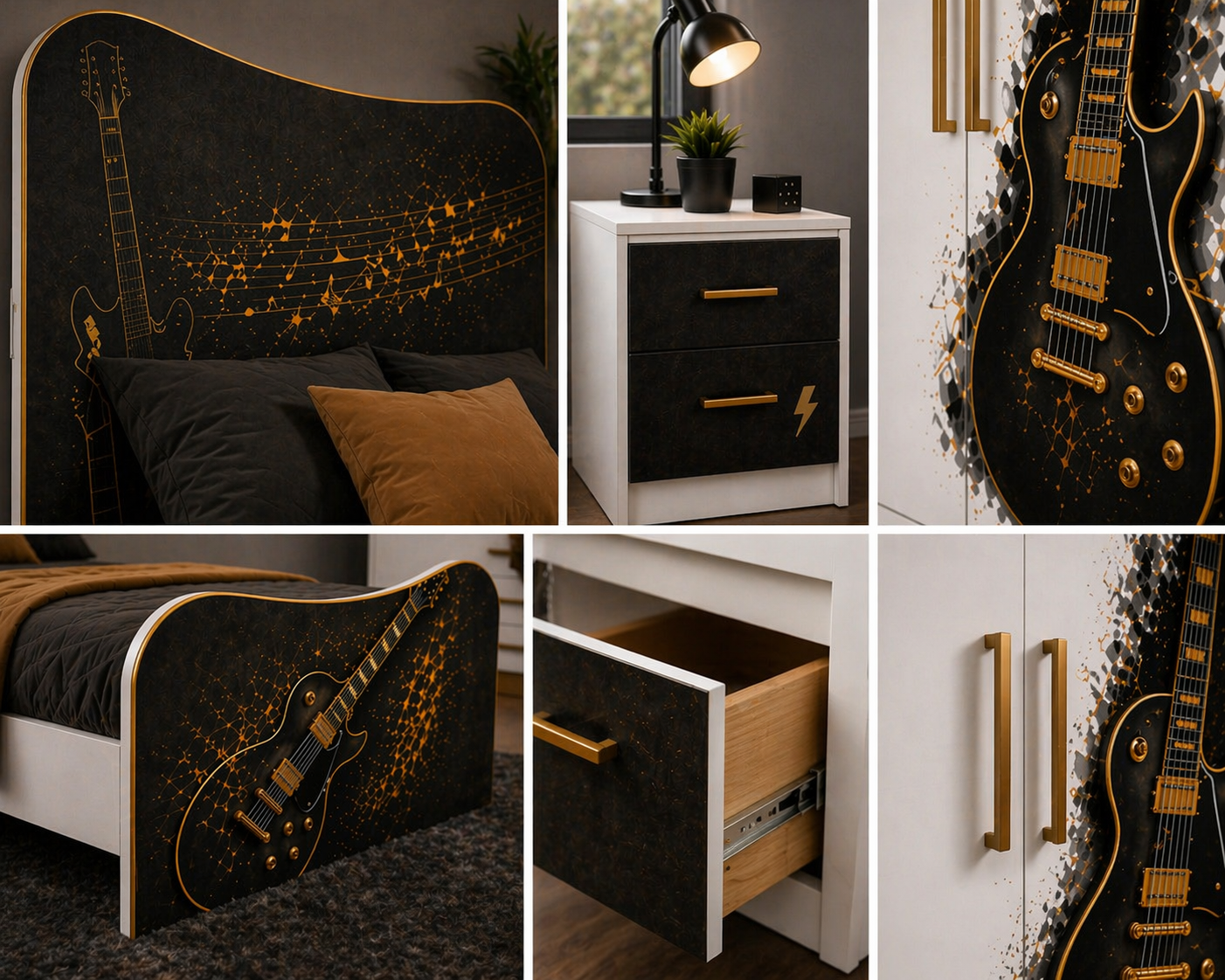 Rockstar Guitar Luxury Room – Cameretta Rock Nero Oro con Letto, Armadio e Comodino per Teenager