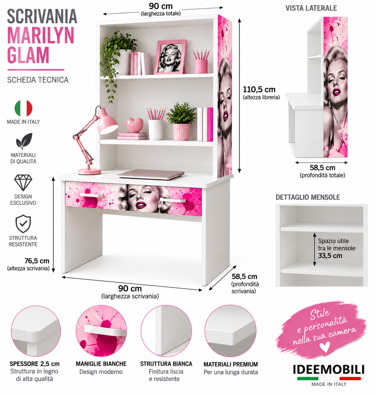 Scrivania Marilyn Glam con Libreria – 90 cm