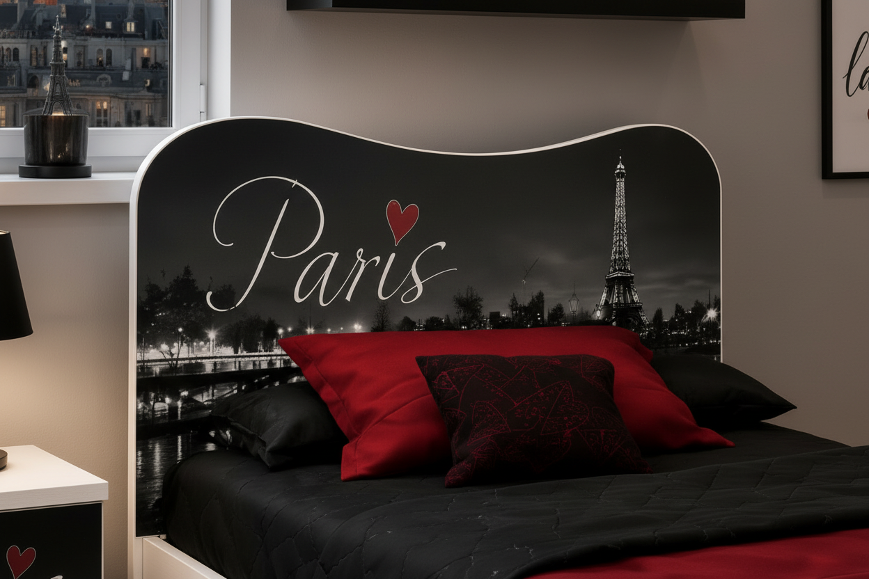 Cameretta Parigi Luxury Black & Red – Set Completo con Letto Singolo, Armadio 2 Ante e Comodino | Stile Parigi Elegante