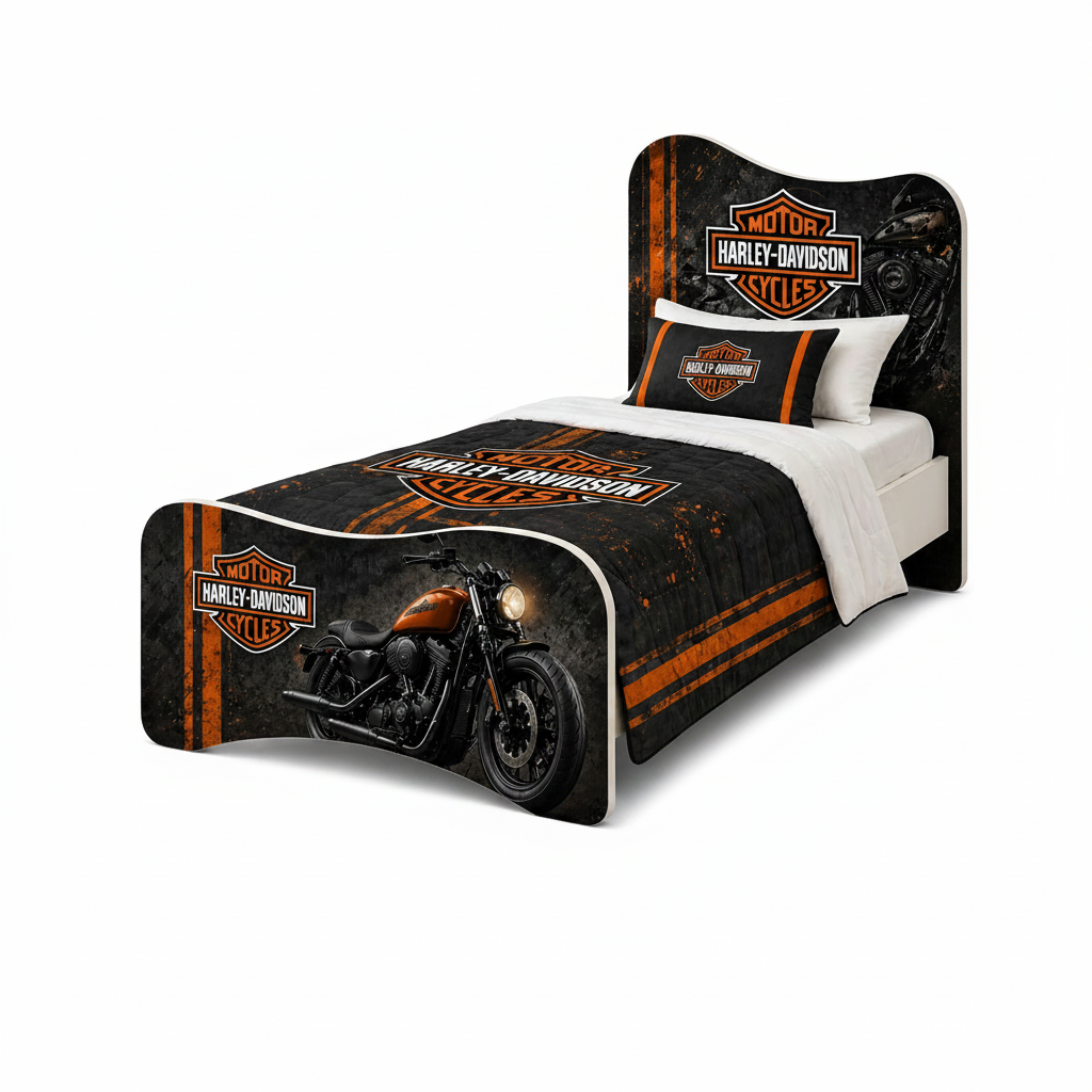 Letto singolo Route 66 Custom stile Harley biker per cameretta ragazzo su sfondo bianco