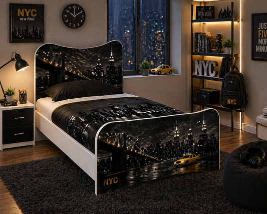 Letto Singolo New York Skyline NYC – Design Urban Moderno per Cameretta Ragazzo  City Night