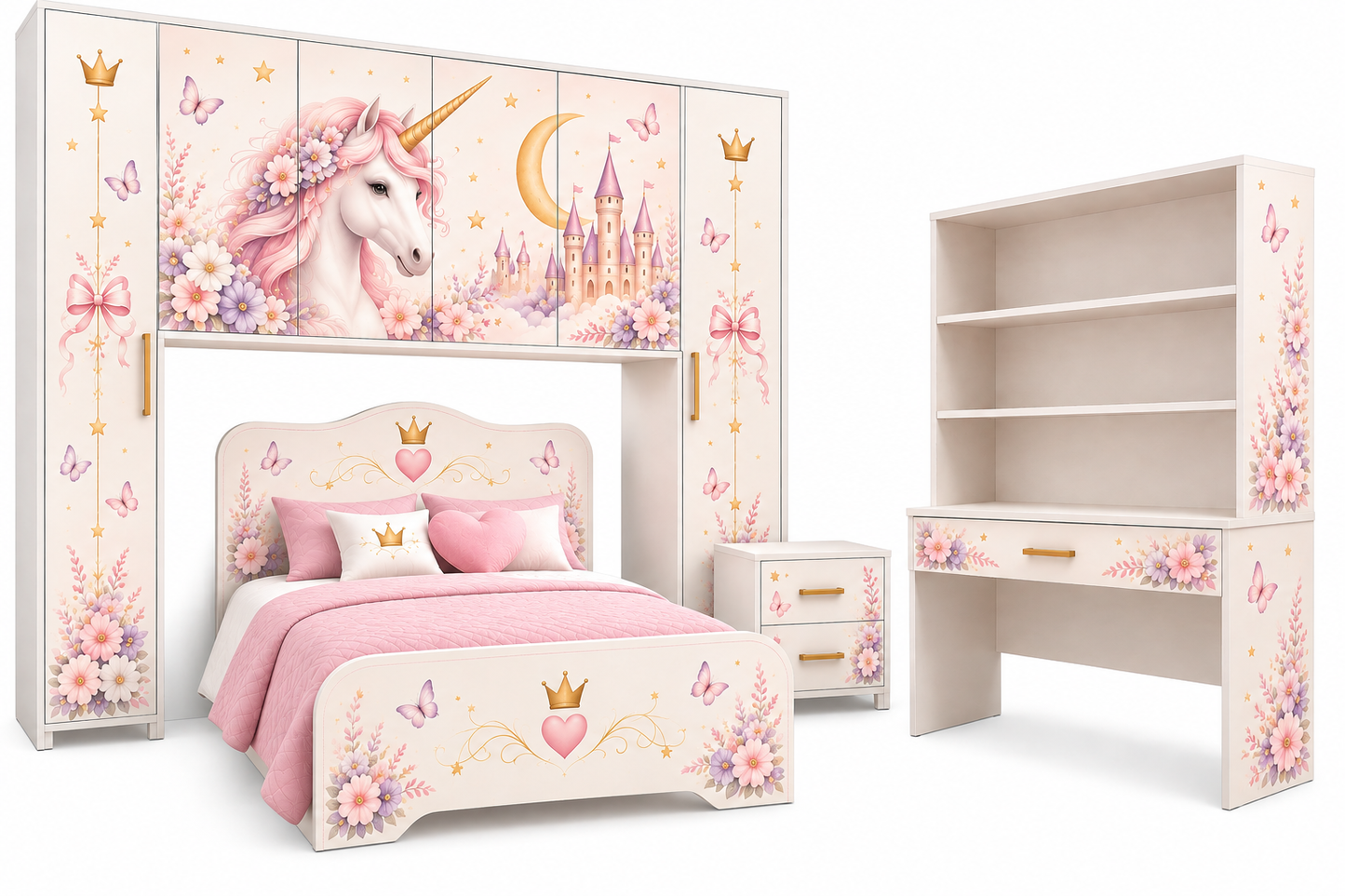 Cameretta a Ponte Unicorn Dream Luxury – Letto 1 Piazza e Mezza, Comodino e Scrivania con Libreria