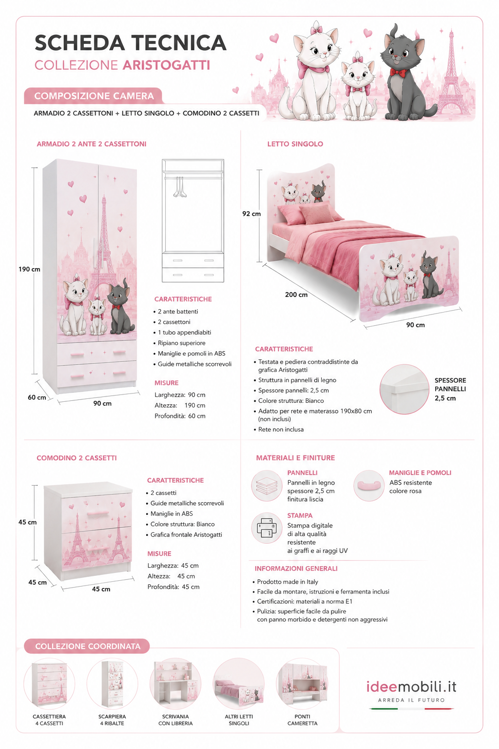 Cameretta Bambina Aristogatti Rosa – Armadio, Letto Singolo e Comodino