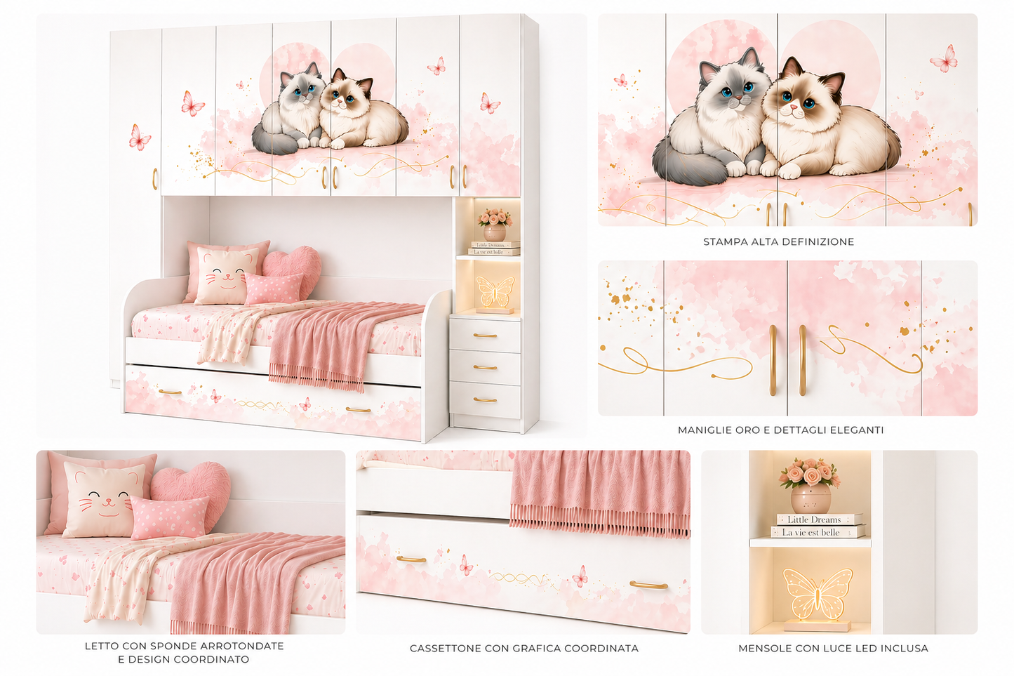 Cameretta bambina salvaspazio con letto estraibile e armadio ponte grafica gatti rosa cipria