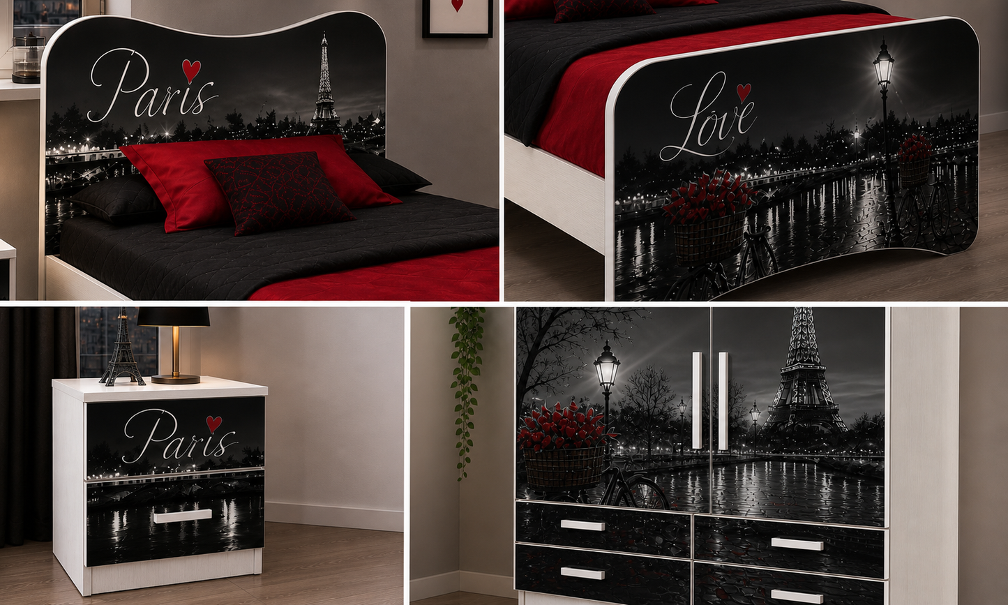 Cameretta Parigi Luxury Black & Red – Set Completo con Letto Singolo, Armadio 2 Ante e Comodino | Stile Parigi Elegante