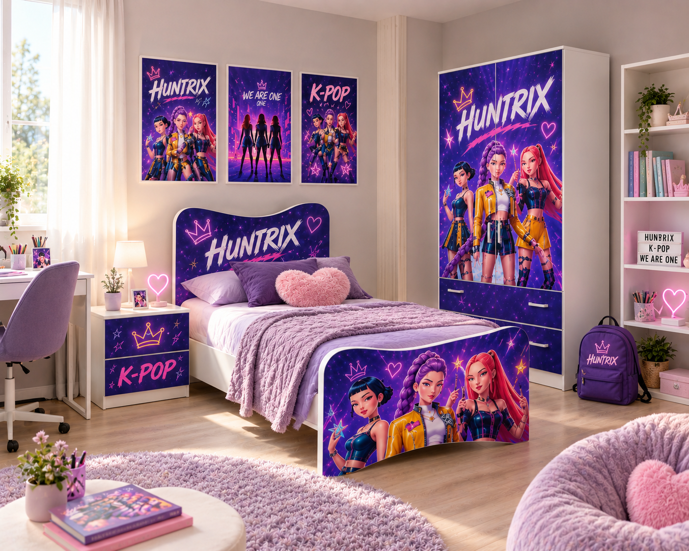 Camera Ragazza Huntrix K-Pop Galaxy – Set Letto, Comodino e Armadio 2 Ante Design Neon Premium