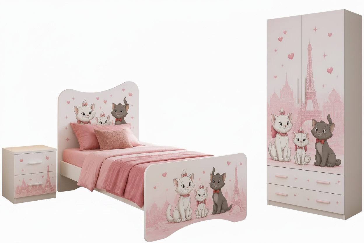 Cameretta Bambina Aristogatti Rosa – Armadio, Letto Singolo e Comodino