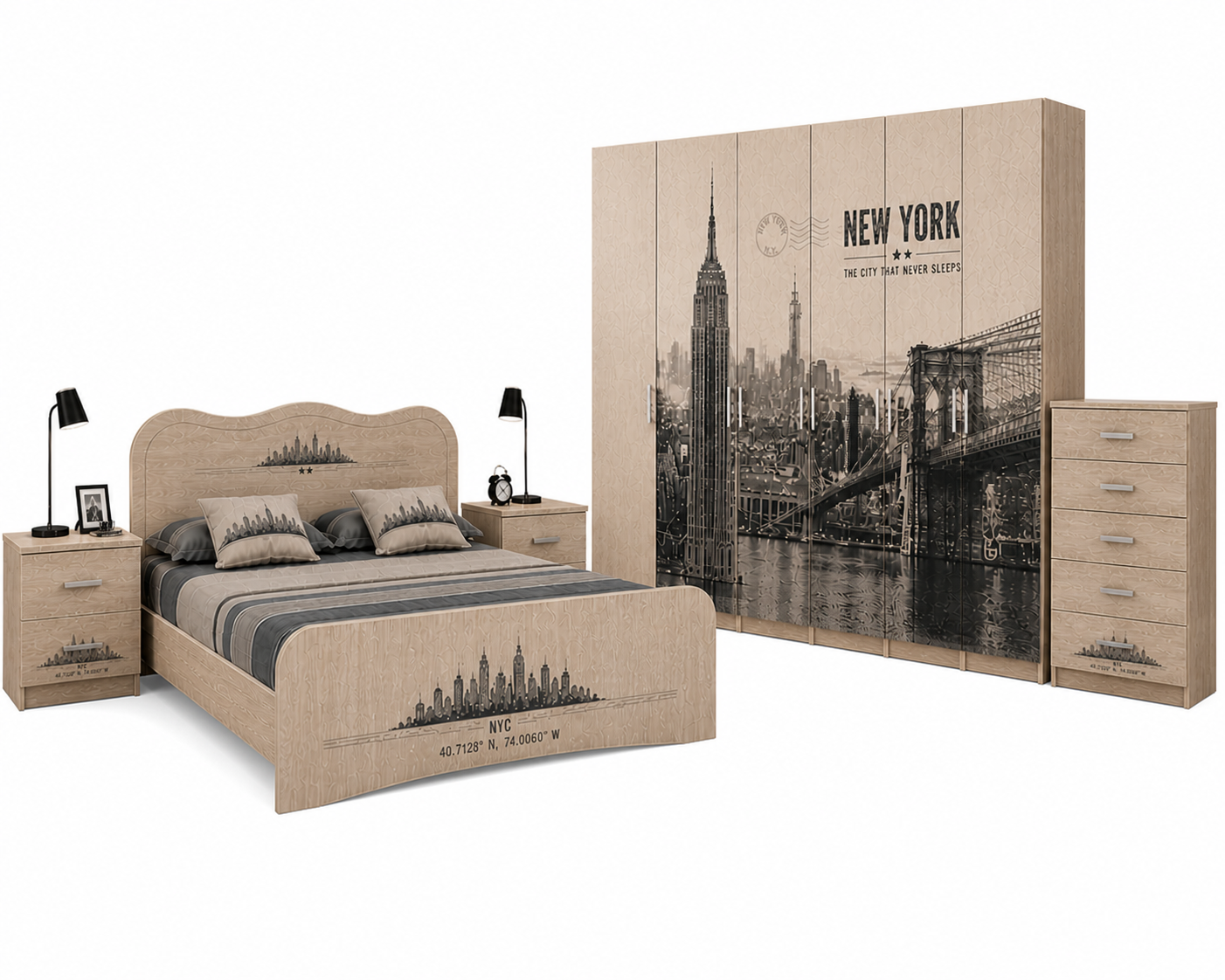 New York Urban Loft – Camera Matrimoniale Completa 6 Ante in Olmo con Letto Skyline NYC